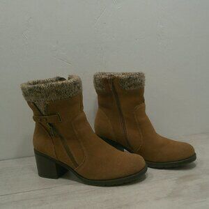 Puresole Dory Water-Resistant Suede Ankle Boot with Knit Trim, Chestnut 8M